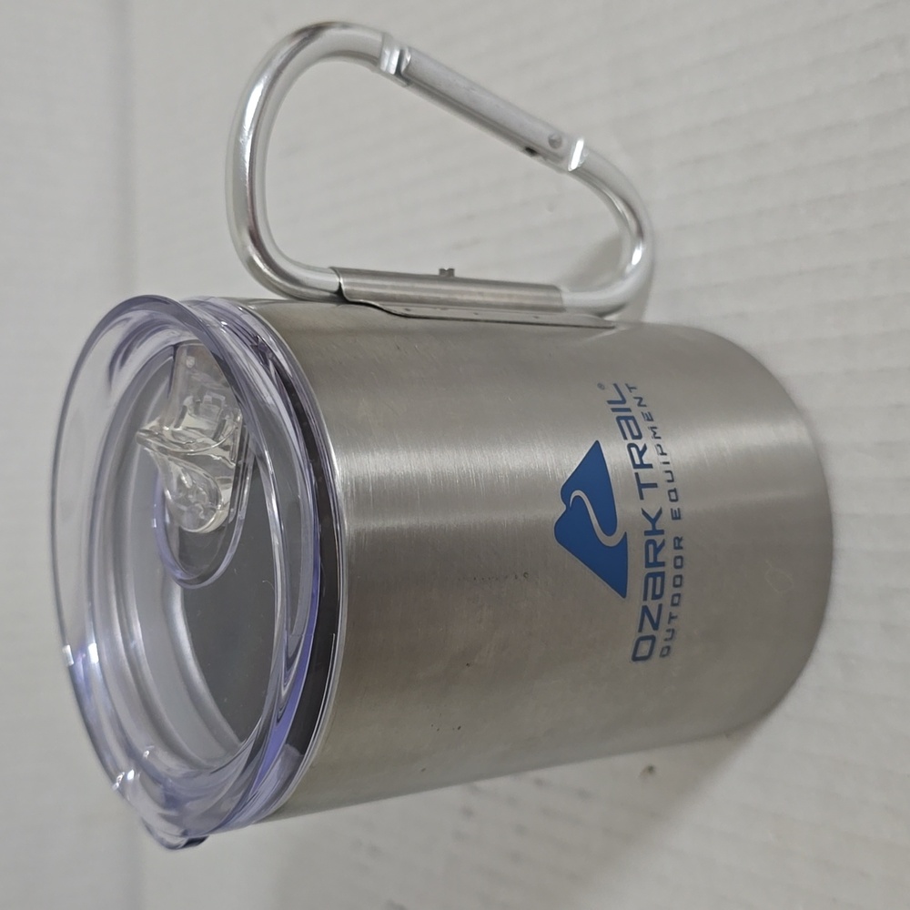NEW Ozark Trail Silver Mug with Blue Logo and Carabiner Handle - Picture 2 of 16